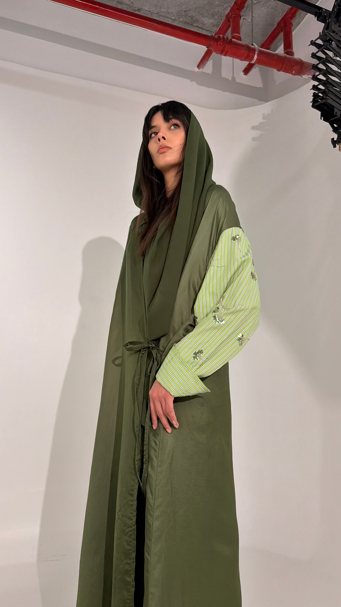 Striped Shirt Abaya ( Green )