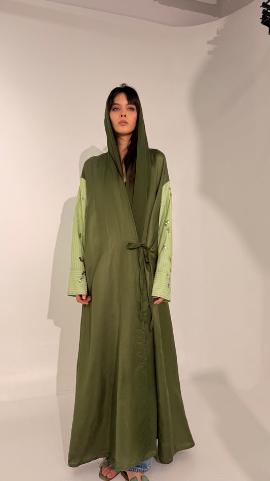 Striped Shirt Abaya ( Green )