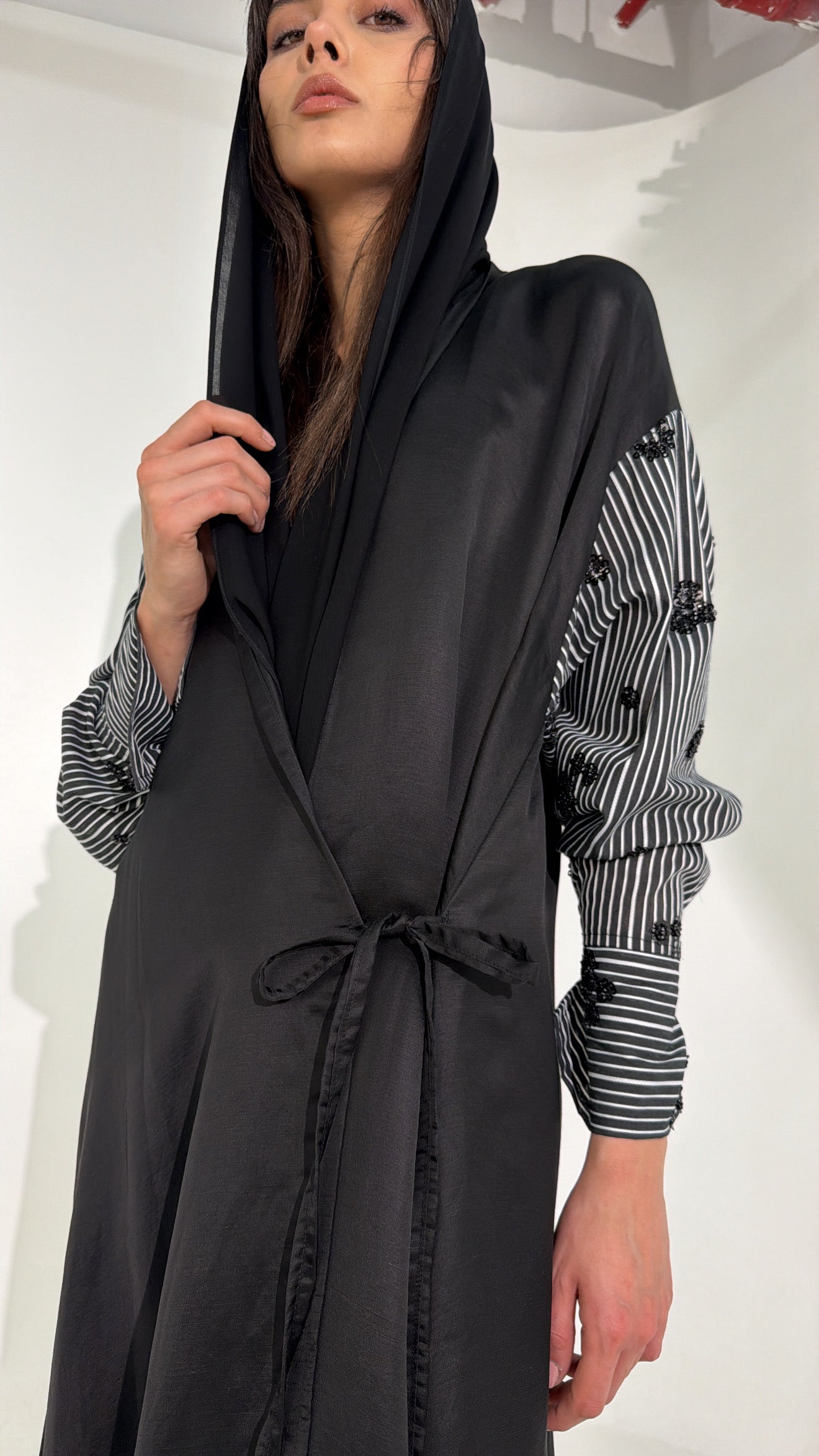 Striped Shirt Abaya ( Black )