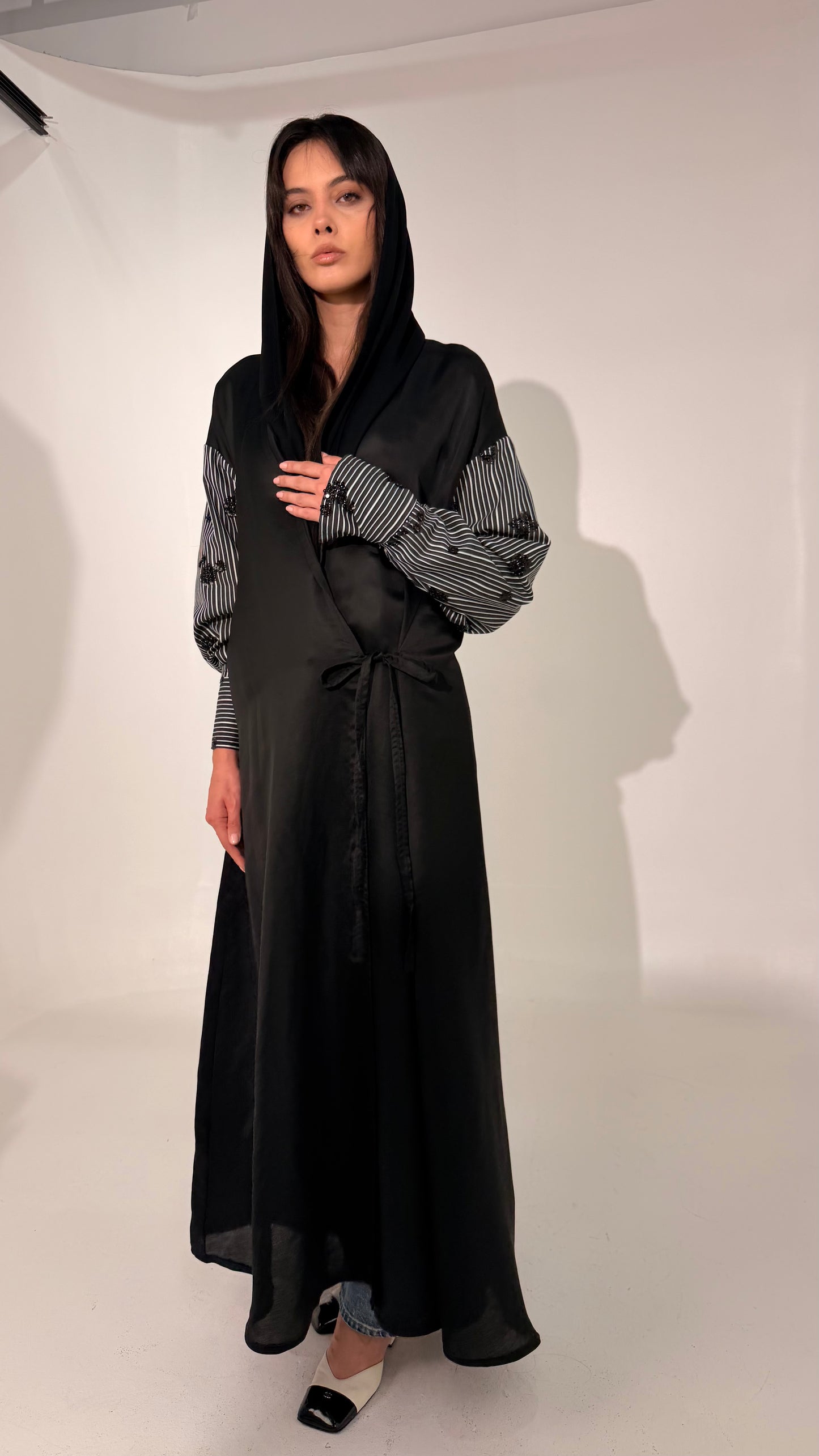 Striped Shirt Abaya ( Black )
