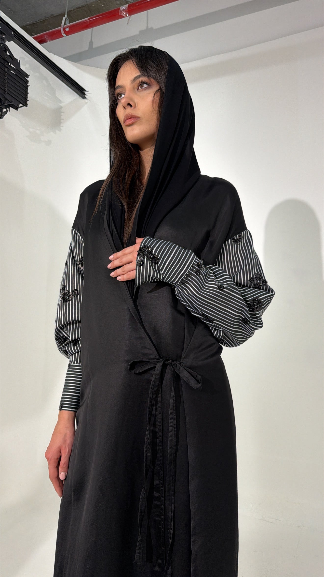 Striped Shirt Abaya ( Black )