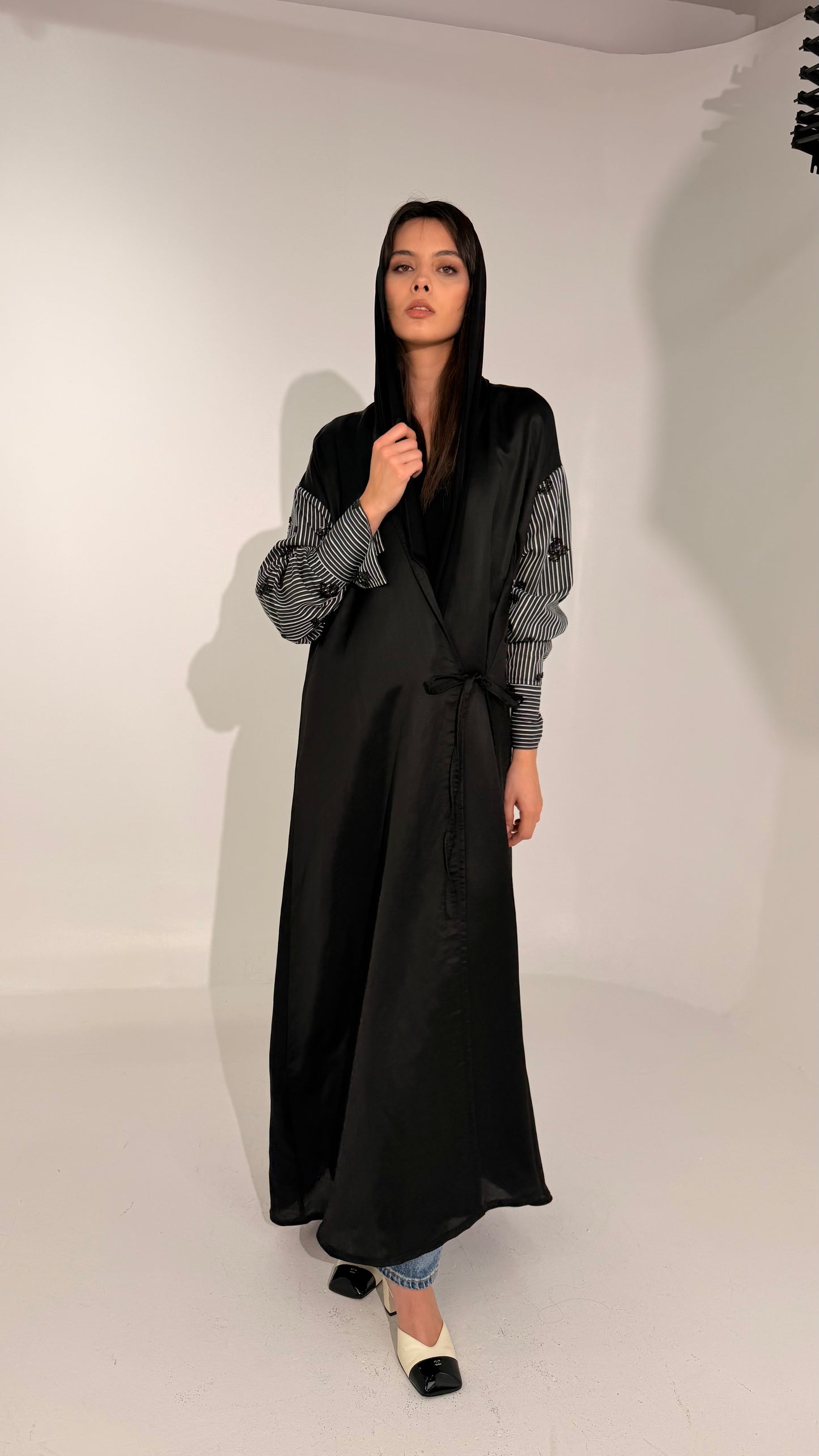 Striped Shirt Abaya ( Black )