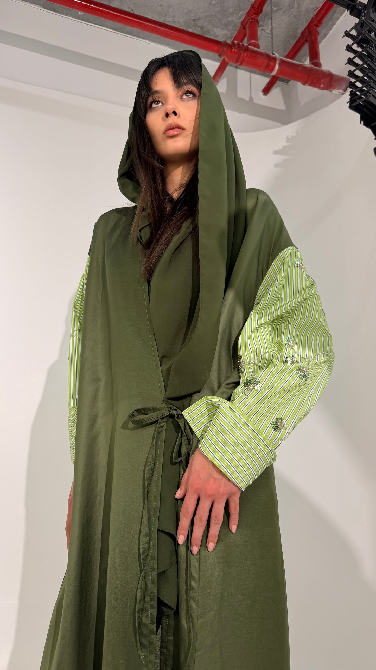 Striped Shirt Abaya ( Green )